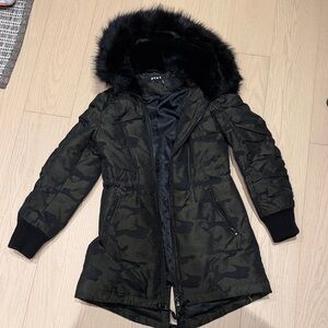DKNY Black/Green Camouflage Jacket with Faux Fur Hood